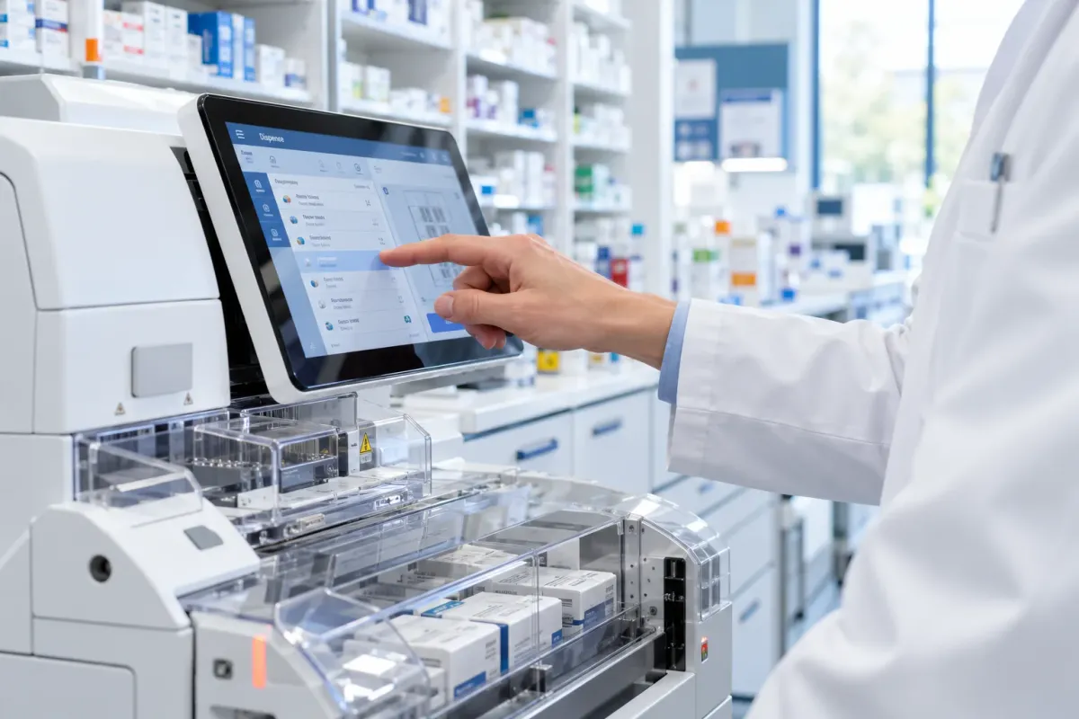 A pharmacist tapping the touchscreen of an automated medication dispensing machine