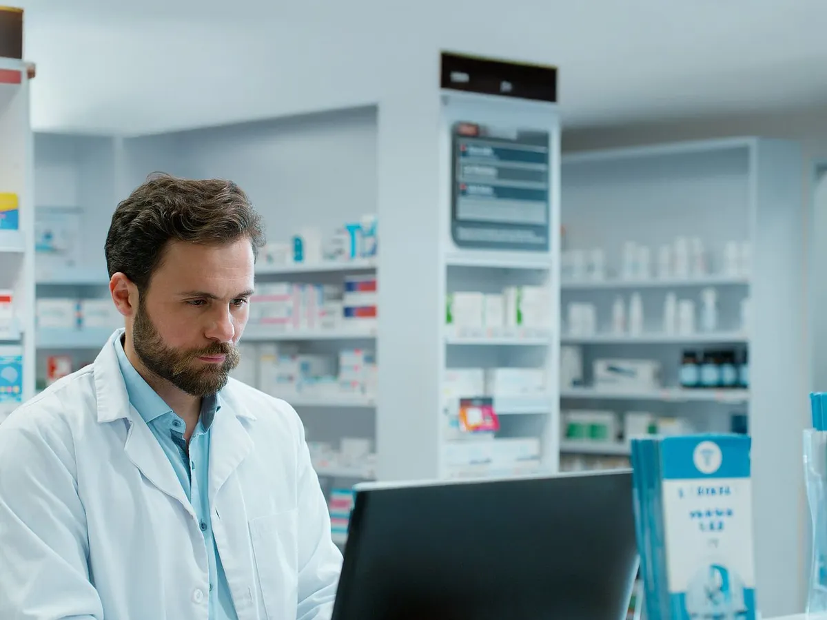 A pharmacist working in the portal at the pharmacy counter