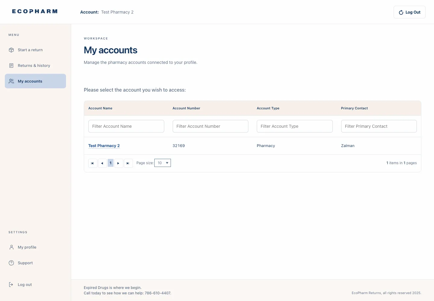 My accounts: the pharmacy accounts connected to a profile, with account number, type and primary contact.
