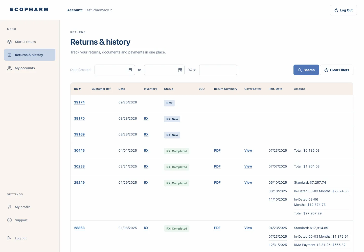 Returns and history: a table of returns with status, return summary PDFs, cover letters, payment dates and amounts.
