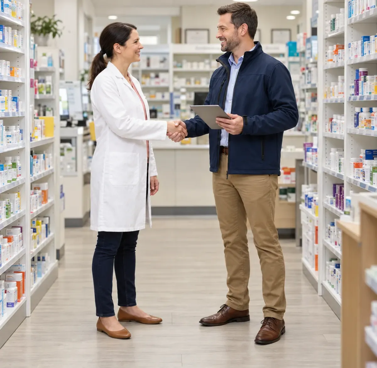 A pharmacist shaking hands with an Ecopharm representative holding a tablet