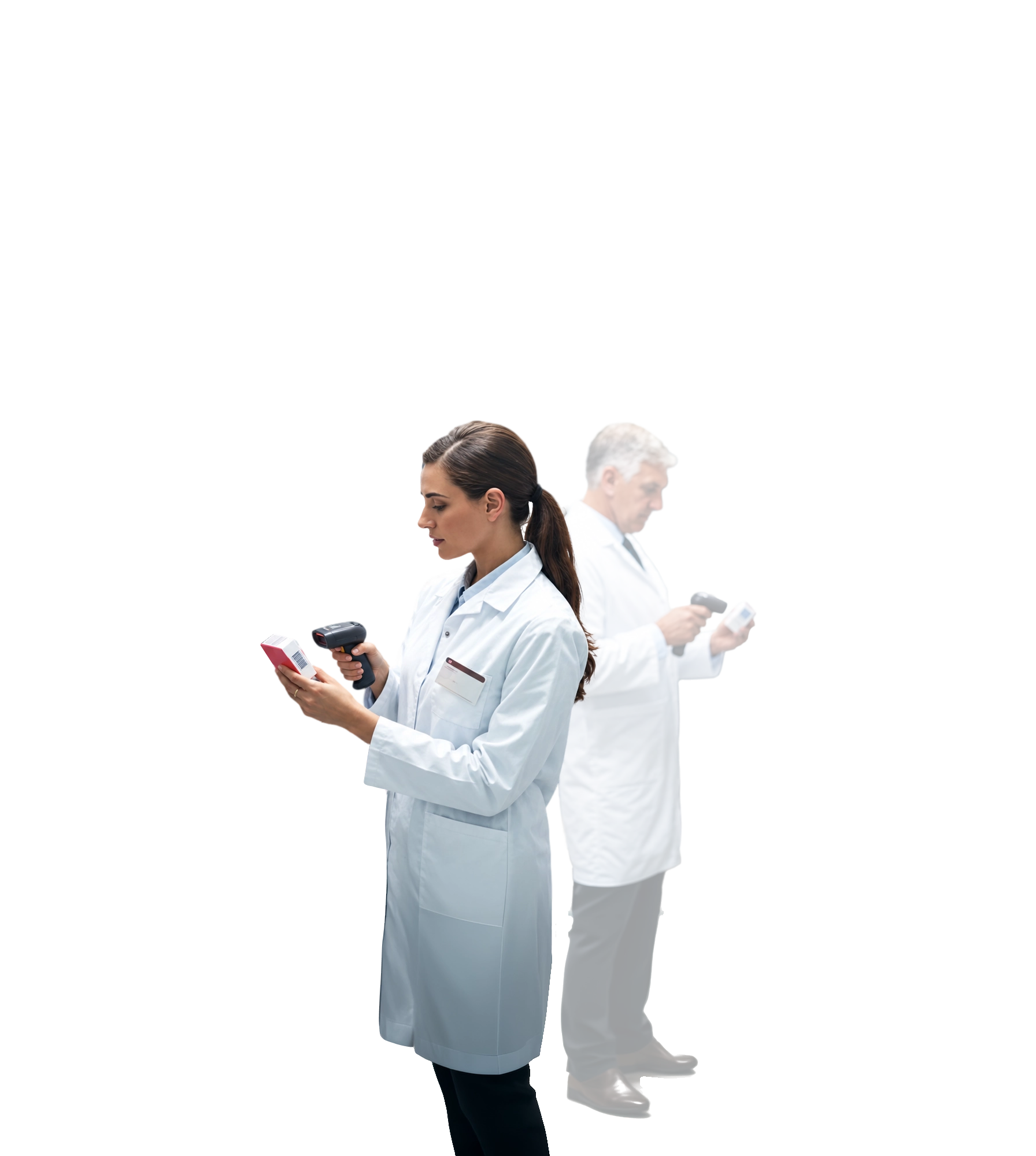 Two pharmacists scanning medication packages between pharmacy shelves